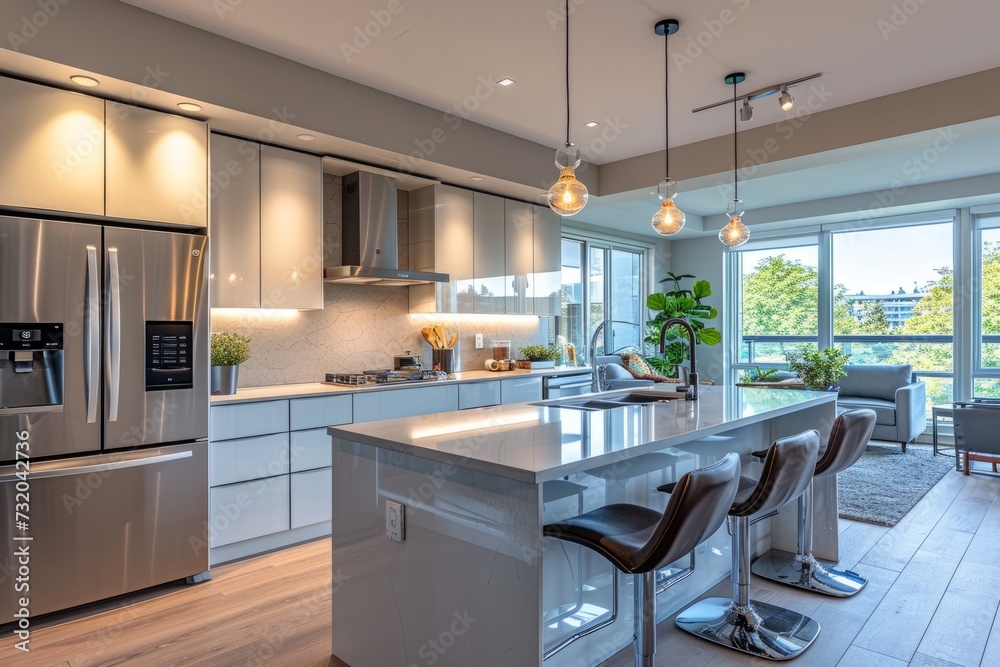 Interior of modern minimalist white kitchen. Flat glossy facades ...
