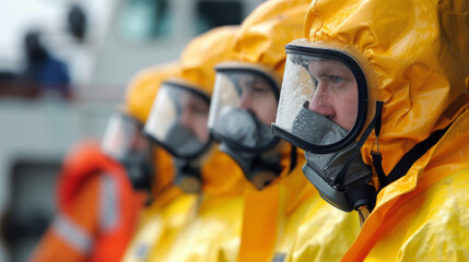 Poster - a group of crew members suited up in protective gear as they participate in a hazardous material saf