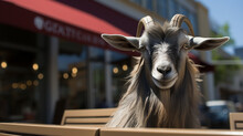 Anthropomorphic Goat Waiting For The Order Sitting On The Sidewalk Of A Cafe