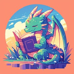 Wall Mural - cartoon dragon hugs a stack of books. Concept: love of reading and education, mythical animal character learn
