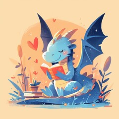 Poster - cartoon dragon hugs a stack of books. Concept: love of reading and education, mythical animal character learn
