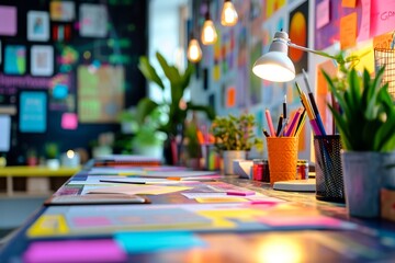 Poster - Designer's workspace in modern office. Desk with office supplies, notebooks, colored stickers. Posters, drawings and graphs on the walls, indoor plants.