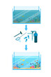 Rectangular fish tank with dirty and clean fresh water. Cleaning the aquarium. Flat, cartoon, vector