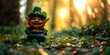 The Saint Patrick's day leprechaun with black cauldron, golden coins and shamrocks in fairy tail forest. St. Patrick's Day banner background concept with copy space.