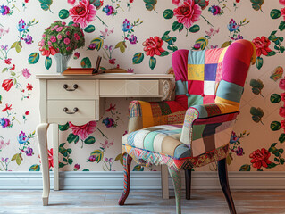 Floral design wall paper desk and patchwork chair in a classic interior style