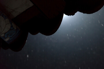 silhouette of the eaves against snowing sky at night