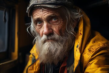  An elderly man with a gray beard looks at the camera, wearing a yellow rain jacket with a cap. reflects solitude and contemplation, suitable for aging, loneliness, or social issues