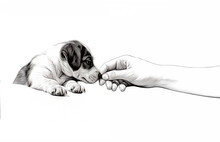 Drawing Of A Woman's Hand And A Small Puppy. Black And White Drawing Of A Dog And A Person. Friendship Between Owner And Pet.