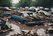 Cars lay in debris after flood disaster
