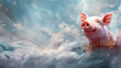 A whimsical pig with wings flies among clouds, with a fantastical city on its back, evoking a dreamy, imaginative world.