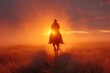 Amidst a breathtaking landscape, a lone rider and his faithful steed bask in the golden glow of the setting sun, surrounded by misty fields and the beauty of nature