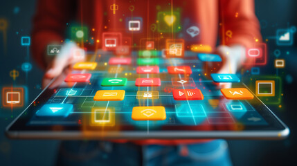 Poster - Hands holding tablet with marketing sketches, digital strategy