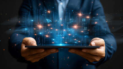 Poster - Businessman's hands with holographic tablet, graphs, black background, copyspace. Futuristic analysis