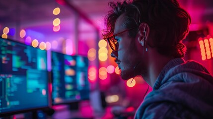 Poster - Side view of young male programmer sitting in a dimly lit office in front of computer monitors. Skilled developer or system administrator at work. Cabinets with computer servers in the background.