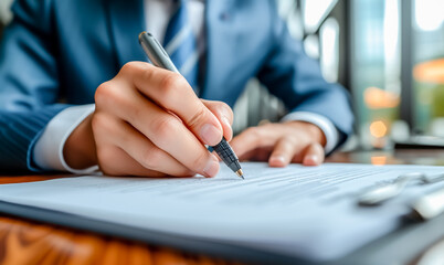 Businessman signing a contract inside a modern office