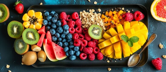 Wall Mural - Fresh and ripe exotic fruits and cereal arranged on a tray for a healthy breakfast
