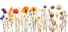 A Stunning Set Of Beautiful Dried Meadow Flowers Showcased Against A White Background.