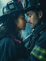 Sticker - A man and woman in firefighting gear. Generative AI.