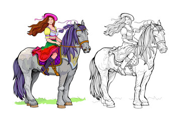 Colorful and black and white page for kids coloring book. Illustration of beautiful happy girl riding the horse. Worksheet for children and adults. Flat cartoon vector.