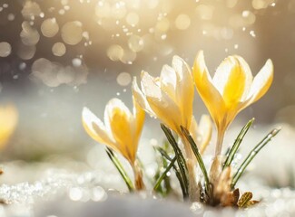 Yellow flowers grow from the snow macro photography background