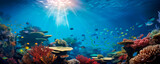 Fototapeta Fototapety do akwarium - A mesmerizing sunset over a vibrant coral reef, showcasing the stunning interplay between ocean life and the day's end, evoking themes of natural harmony and the cycle of day to night.