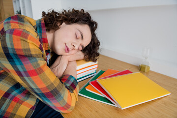 Poster - Photo of funky dreamy guy dressed checkered shirt tired education sleeping book indoors house home room