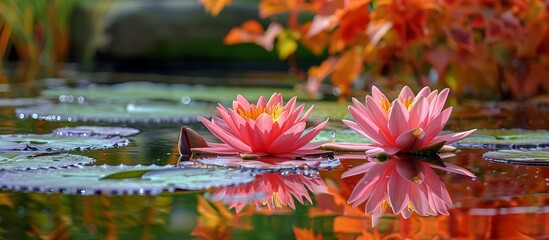 Sticker - Two pink water lilies (aquatic flowering plants) gracefully float on a serene pond, creating an artful display amidst a natural landscape.