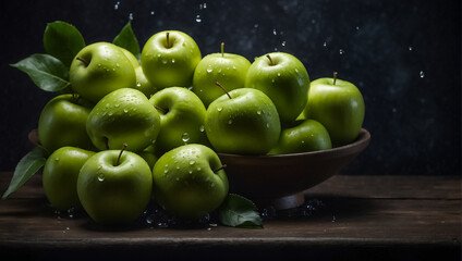 Juicy ripe green apples on a dark background