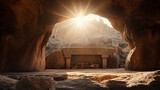 Fototapeta  - Empty tomb of Jesus in sun rays. Christian, catholic easter. Concept of  Jesus resurrection day, Gods blessing concept