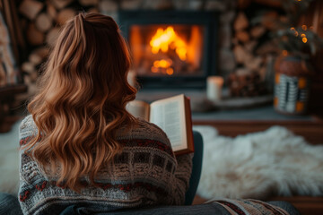 Cozy reading time by the fireplace in a rustic home