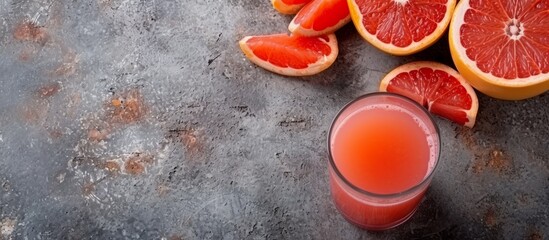 Wall Mural - Place grapefruit juice in glass on concrete with available space for text.