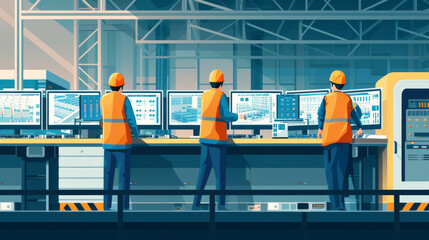 Poster - A group of workers monitoring computer screens and operating control panels overseeing the sophisticated automation systems that streamline cargo handling operations.
