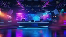 A Modern Tv Hosting Or Game Show Studio Set Glowing With Neon Lights And Futuristic Design, Ready For The Next Live Broadcast..