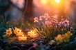 A serene spring equinox arrangement featuring lit candles among fresh blossoms with a soft sunset glow in the background symbolizing peace and renewal