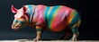 Colorfully Painted Hippo in Dark Room