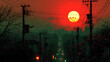 A sunset illustration of a Japanese modern and developed city in the distance over a detailed section of the suburbs and a central street running through it