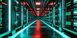 Futuristic data center. Rows of server racks with illuminated blue lights. Concept of data processing