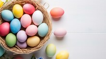 Easter Eggs In Basket On White Background. Generative AI.