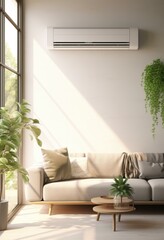 A living room with a white air conditioner. Generative AI.