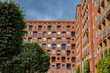 Modern redbrick apartment complex with whiteframed windows in a grid pattern under a blue sky with white clouds, flanked by lush green trees, in Copenhagen.