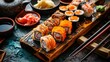 Sushi on wooden tray with chopsticks and other utensils. Generative AI.