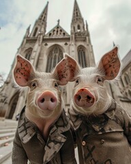 Canvas Print - Two pigs wearing military uniforms stand in front of a church. Generative AI.