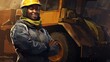 A smiling African woman miner stands next to a large haul truck in his safety gear, arms folded.