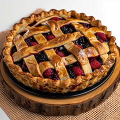 Wall Mural - A pie with berries on top of a wooden plate. Generative AI.