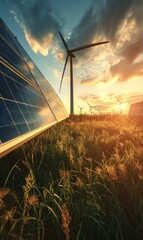 Wall Mural - Solar panels and wind turbines in a field at sunset. Generative AI.