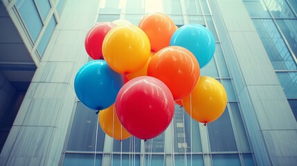 Wall Mural - Engaging photograph showcasing an elegant display of colorful balloons against a minimalist backdrop
