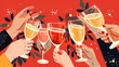 Close-up illustration of people raising Christmas champagne glasses in a toast.