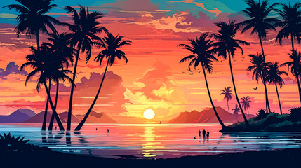 a stunning tropical landscape featuring a beautiful beach with palm trees at sunset.