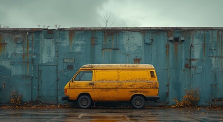 A compact yellow van stands out against a serene blue wall, its wheels ready to conquer the open road as the sky above fills with fluffy white clouds