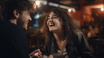 a girlfriend and boyfriend eating of dessert at a cafe.